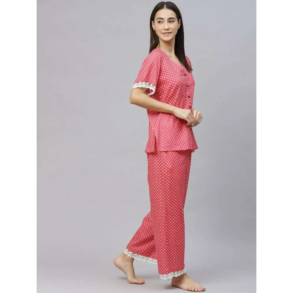 Laado Red Dotted Night Suit with Lace Details (Set of 2)