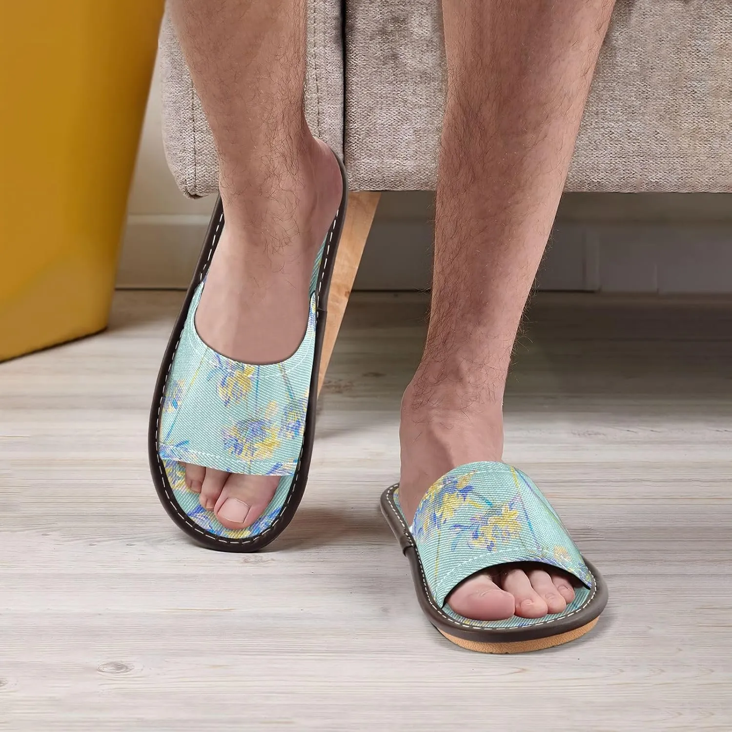 Light Yellow Blue Flowers Men Women Travel Slippers Reusable Dorm Home Slides for Hotel Outdoor Home
