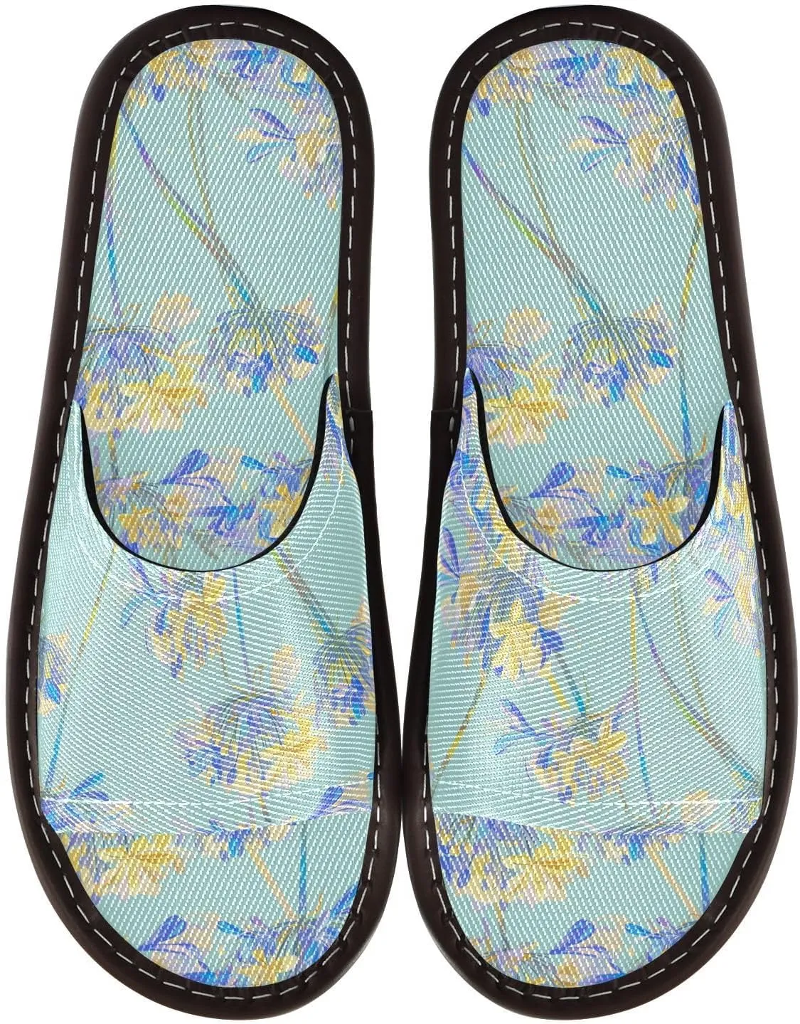 Light Yellow Blue Flowers Men Women Travel Slippers Reusable Dorm Home Slides for Hotel Outdoor Home