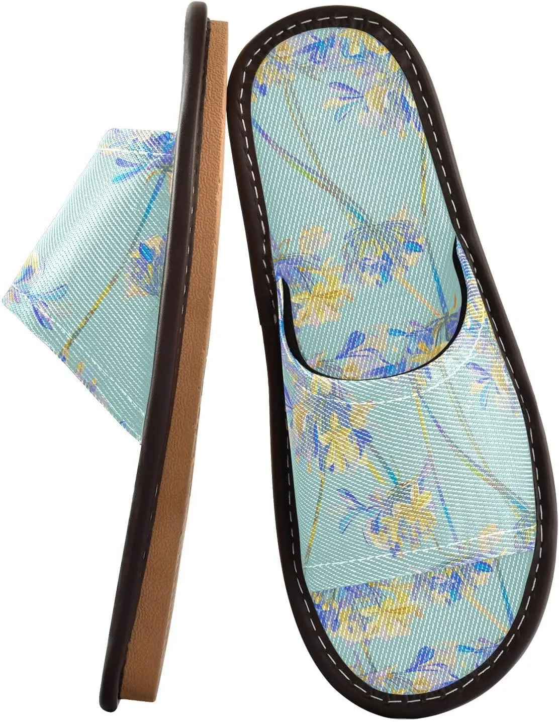 Light Yellow Blue Flowers Men Women Travel Slippers Reusable Dorm Home Slides for Hotel Outdoor Home