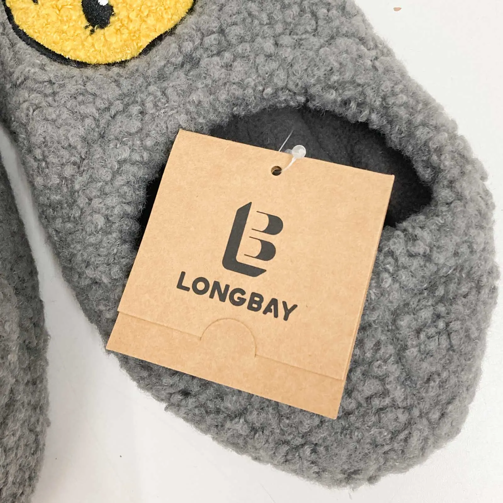 LongBay Slippers UK 3-4 Grey Smiley Face Fleece Lined Curly Fur