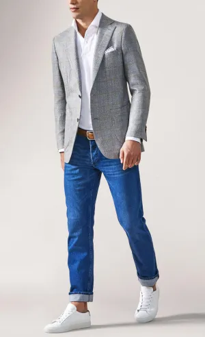 Loro Piana Mid Grey Merino Wool, Silk & Linen Textured Twill with Goldenrod Yellow Windowpane