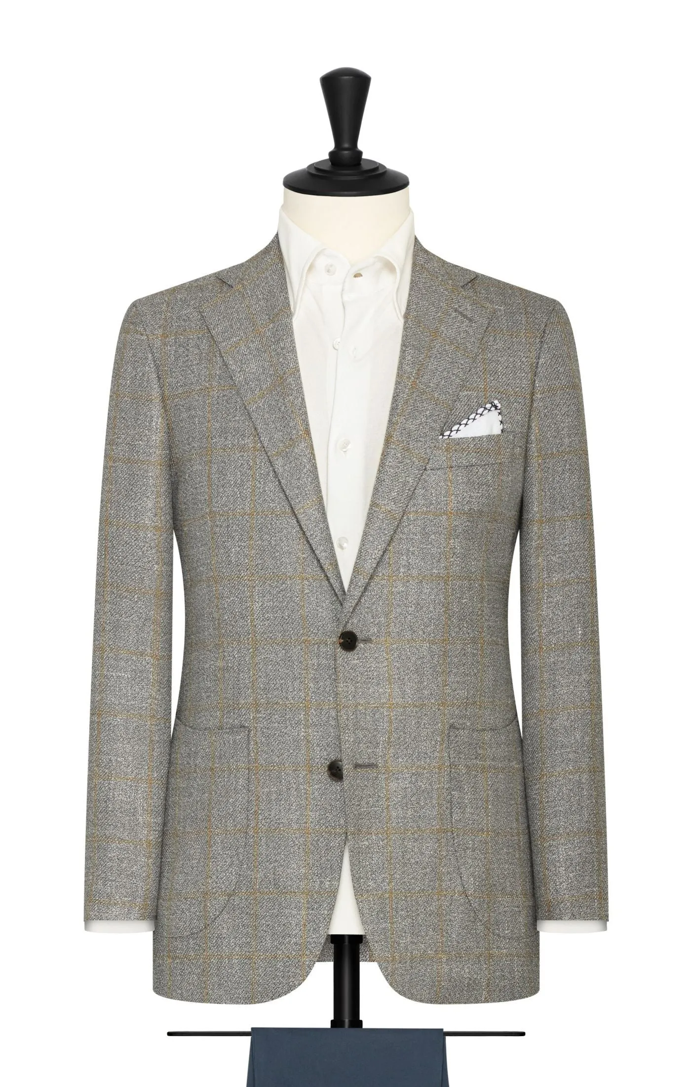 Loro Piana Mid Grey Merino Wool, Silk & Linen Textured Twill with Goldenrod Yellow Windowpane