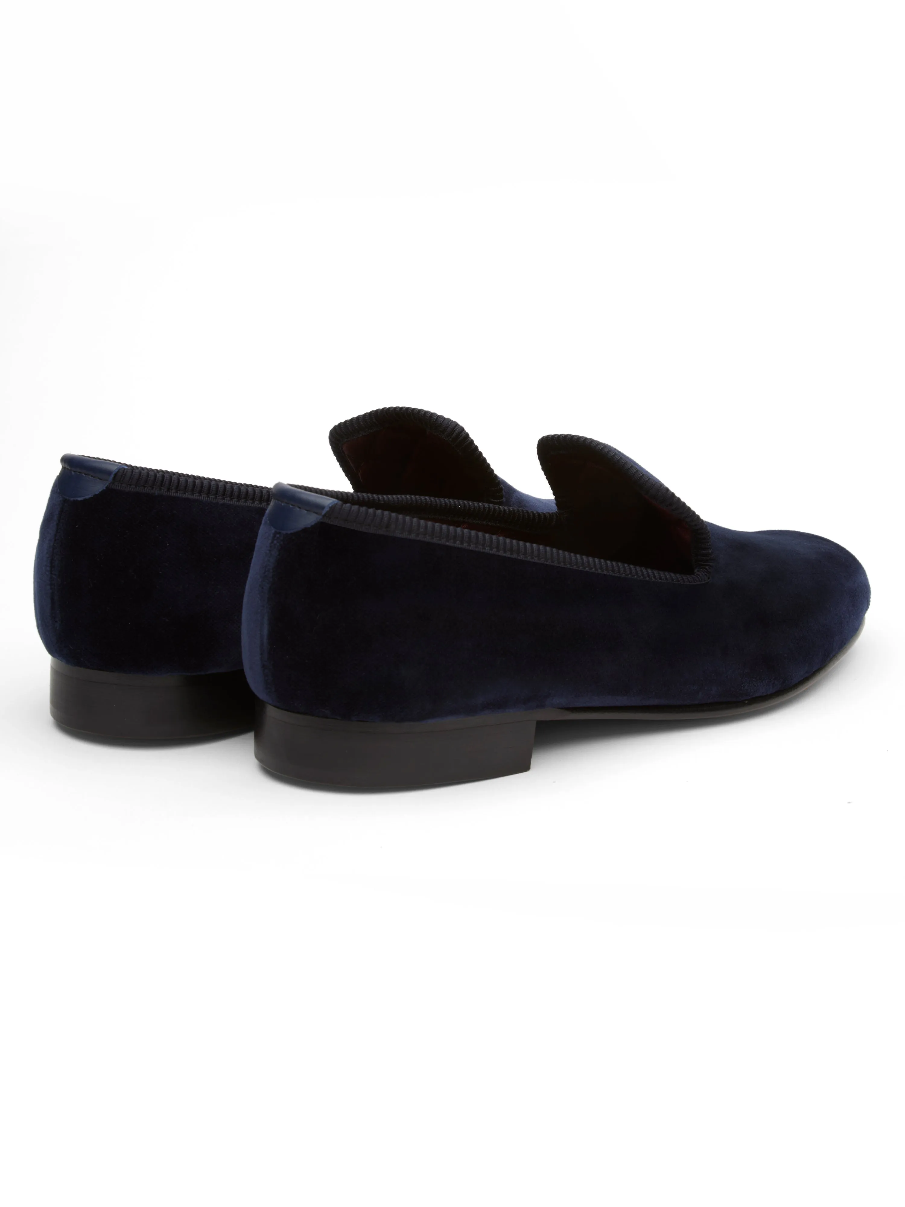 Navy Velvet Cotton & Leather Slippers