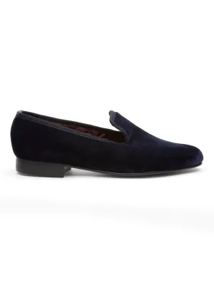 Navy Velvet Cotton & Leather Slippers