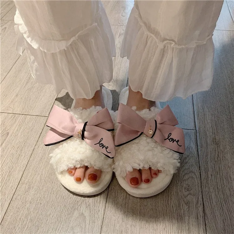 New Winter Cute Girl Heart Bowknot Cotton Slippers Female Autumn and Winter Indoor Non-slip  Plush Confinement  Shoes Warm Shoes