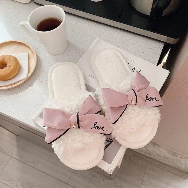 New Winter Cute Girl Heart Bowknot Cotton Slippers Female Autumn and Winter Indoor Non-slip  Plush Confinement  Shoes Warm Shoes