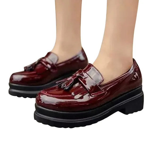 New Women Oxfords British PU Patent Leather Platform Flats