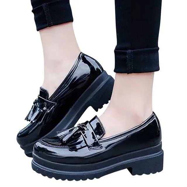 New Women Oxfords British PU Patent Leather Platform Flats