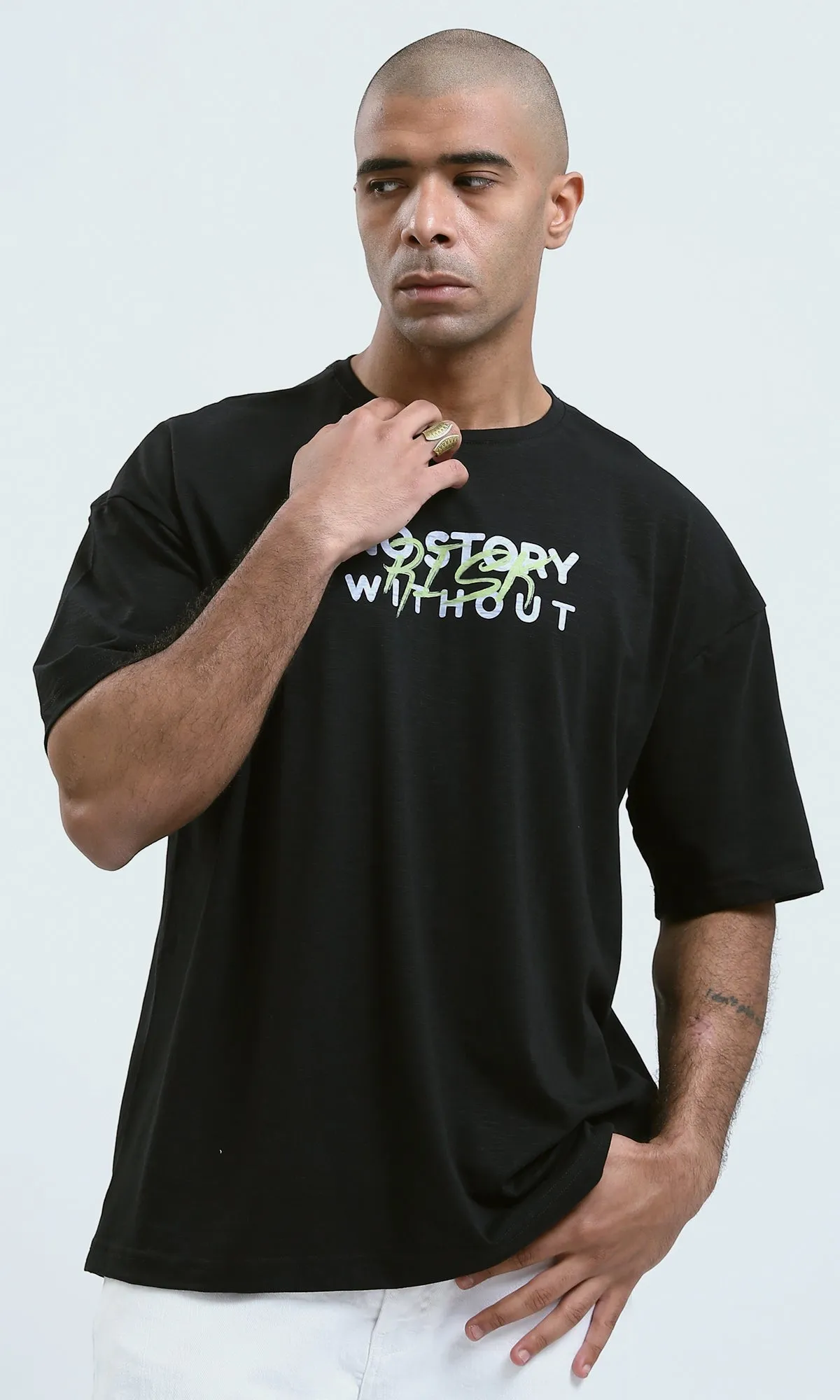 O178975 - "No Story" Black Printed Short Sleeves Tee
