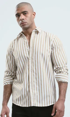 O179978 - Light Beige & White Full Buttons Long Sleeve Shirt