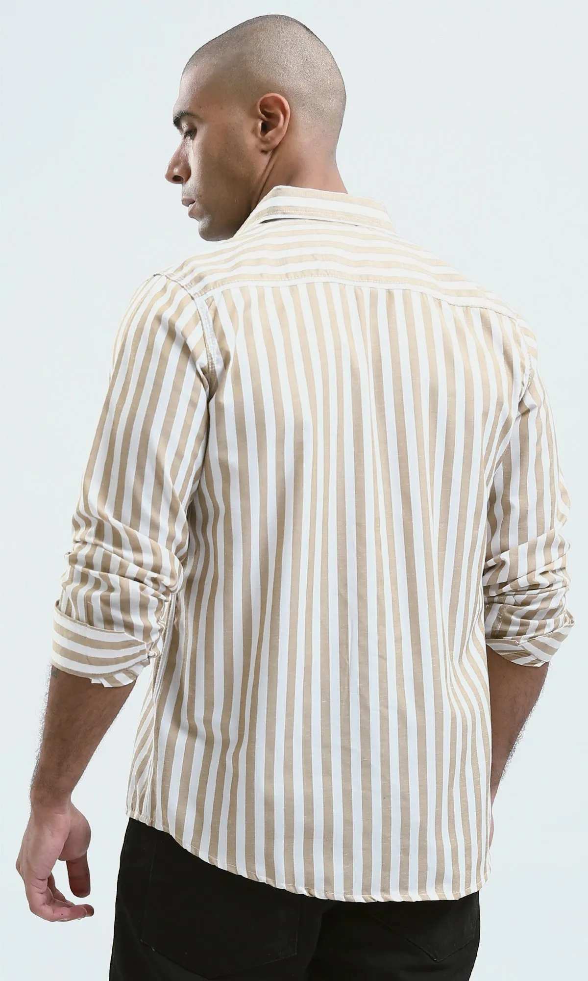 O179978 - Light Beige & White Full Buttons Long Sleeve Shirt