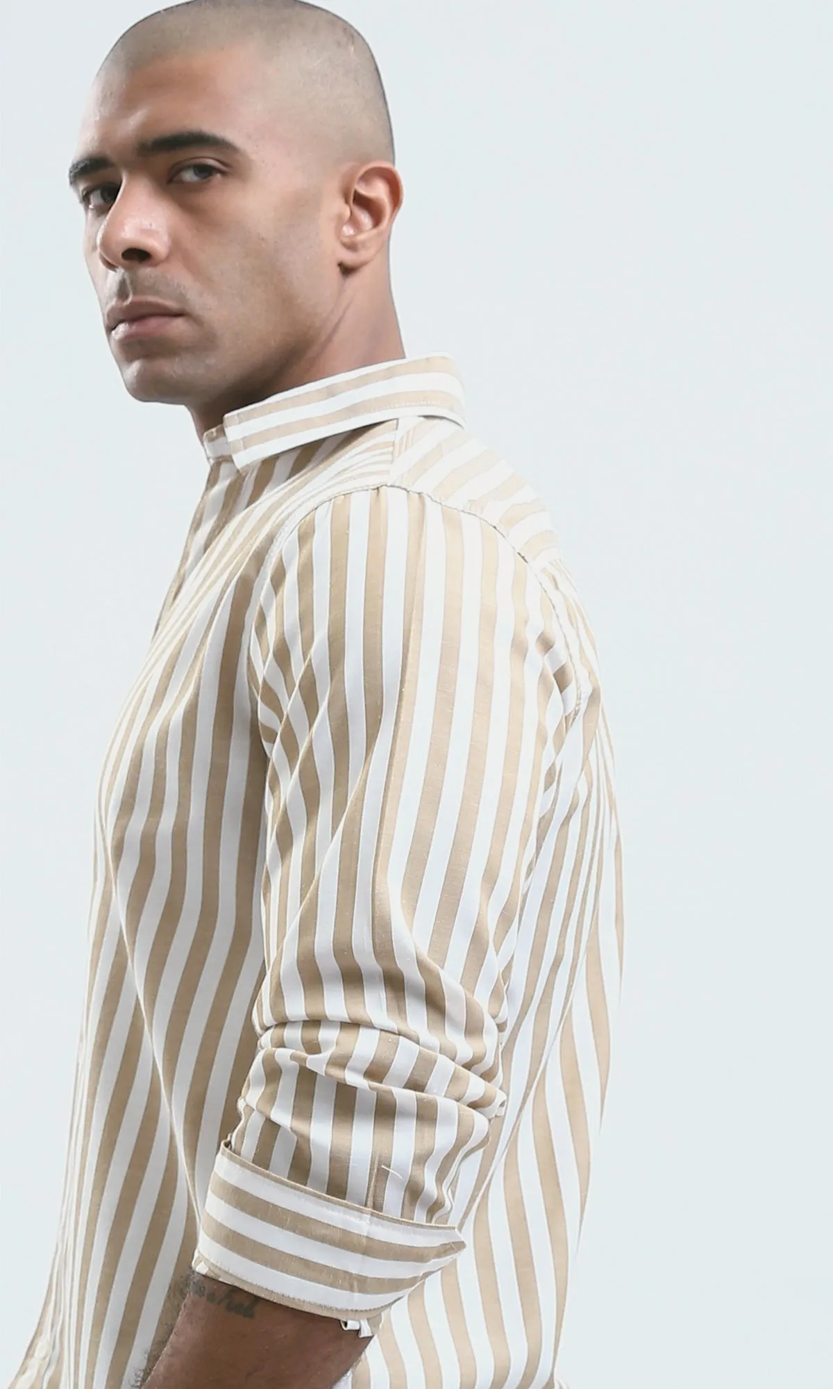 O179978 - Light Beige & White Full Buttons Long Sleeve Shirt