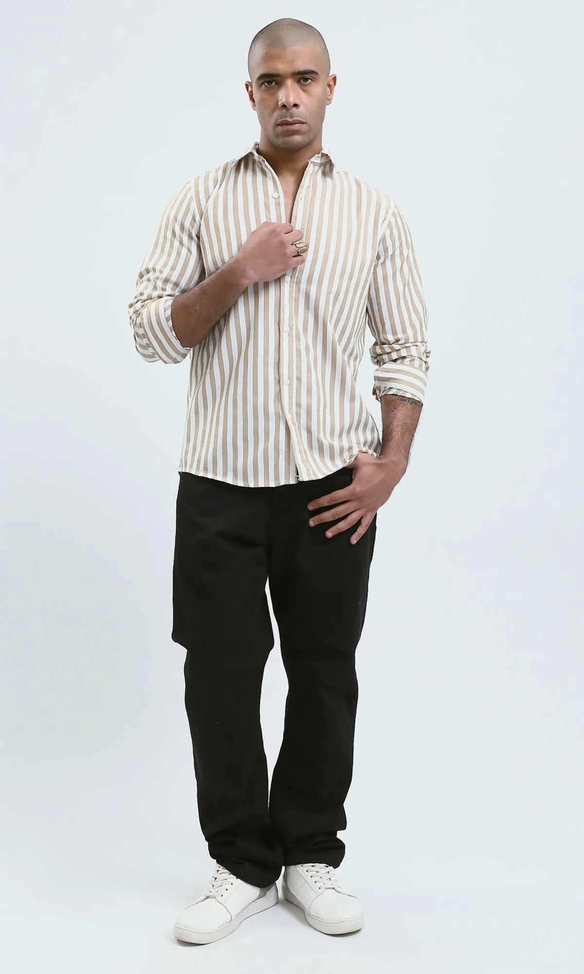 O179978 - Light Beige & White Full Buttons Long Sleeve Shirt