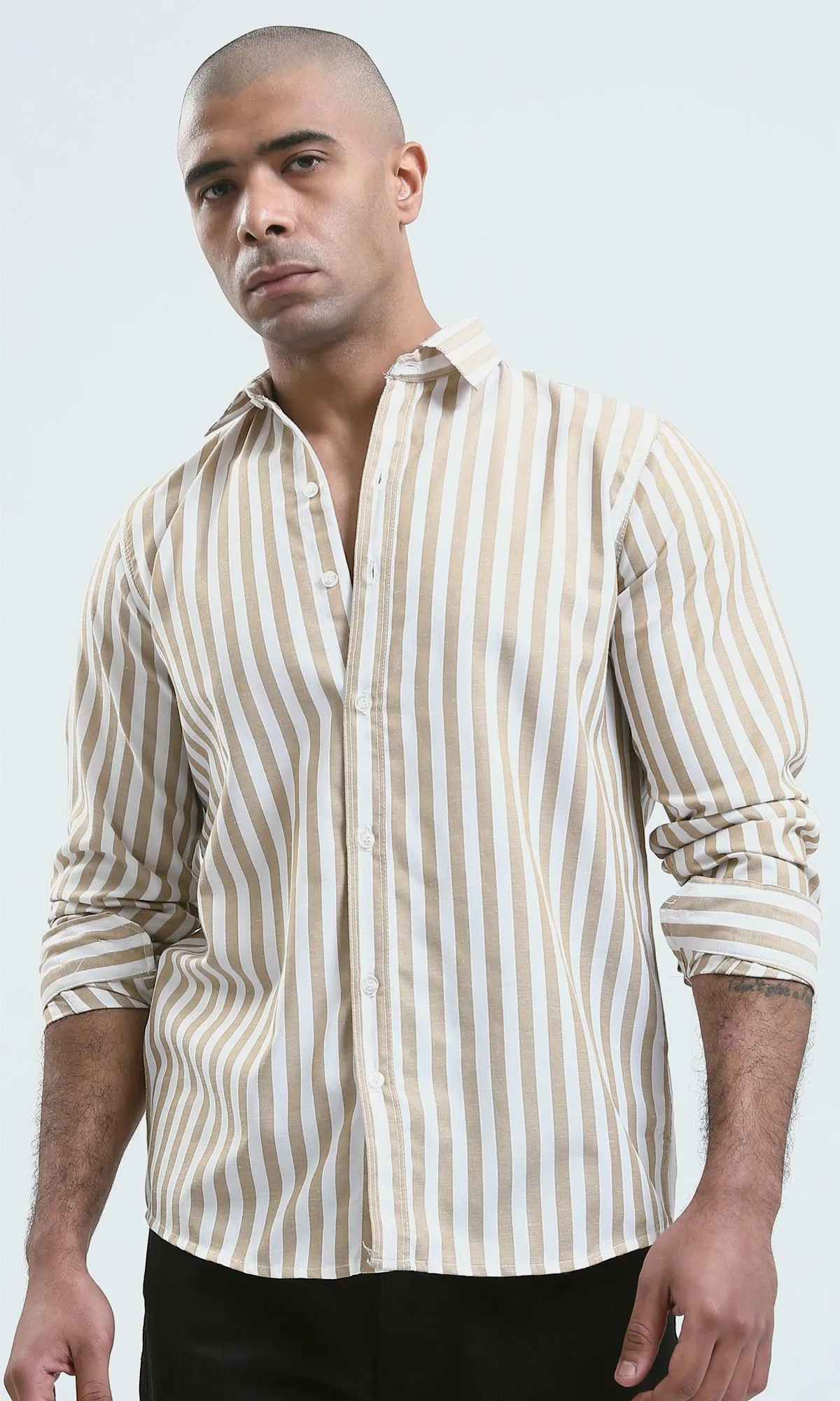 O179978 - Light Beige & White Full Buttons Long Sleeve Shirt