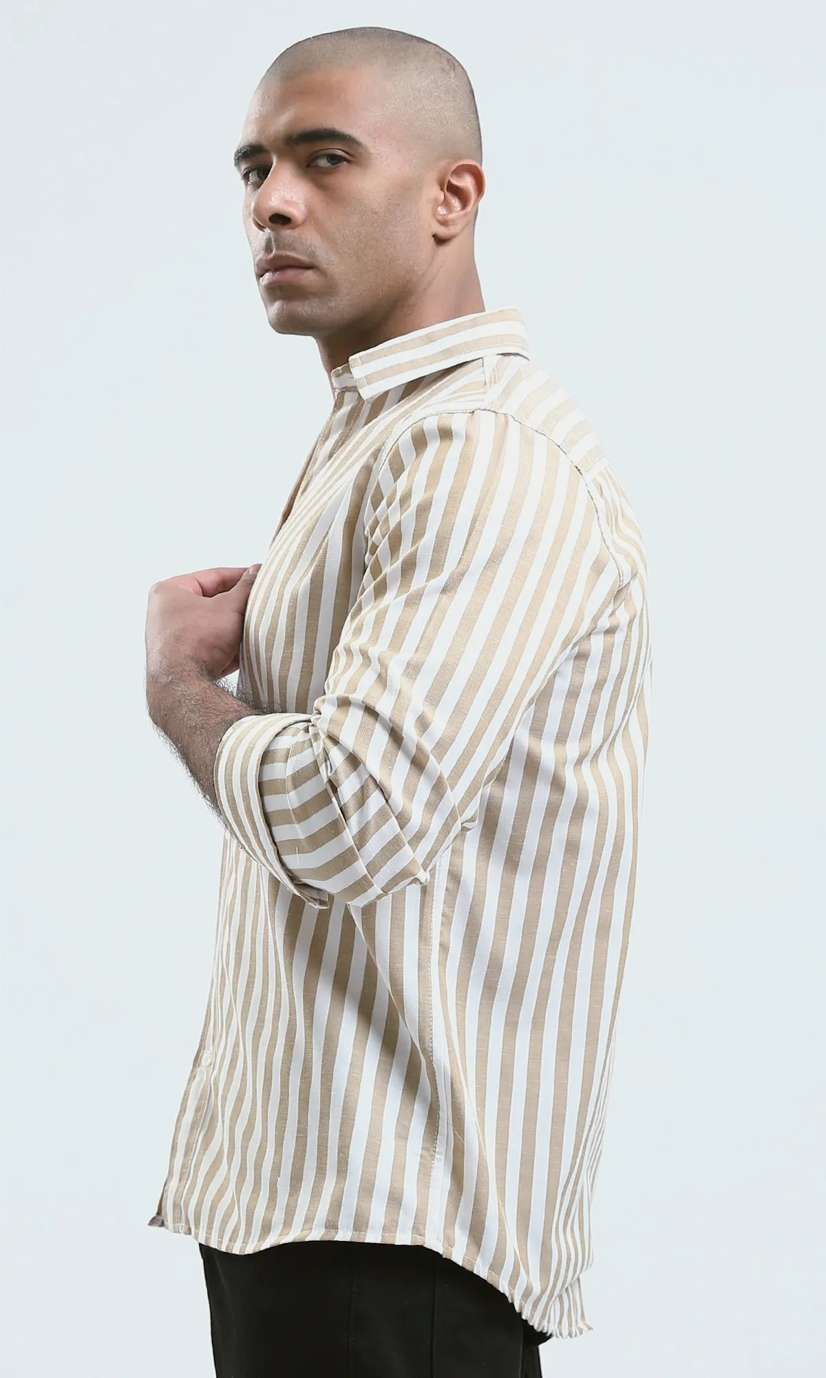 O179978 - Light Beige & White Full Buttons Long Sleeve Shirt
