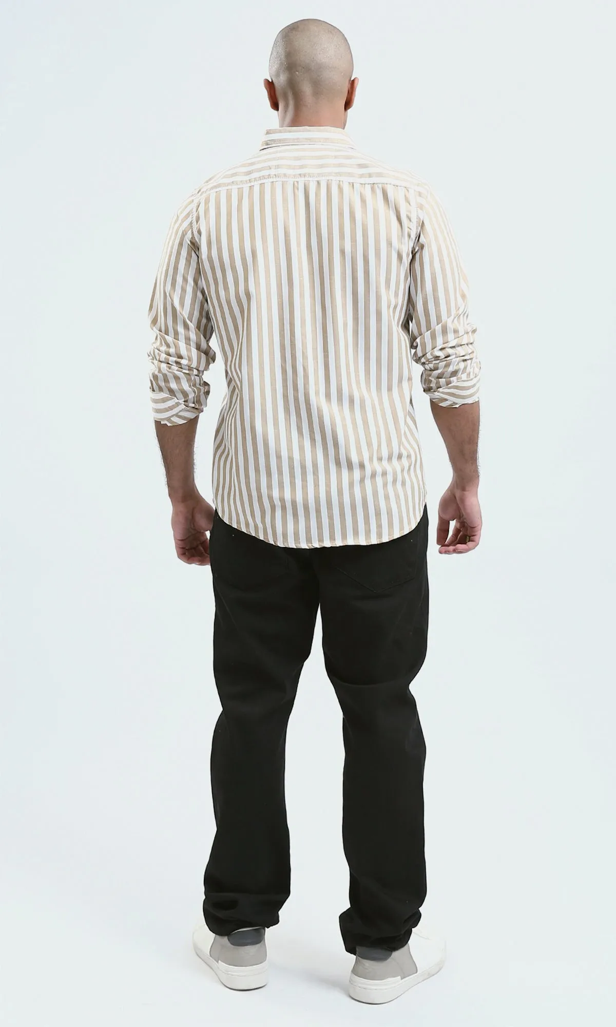 O179978 - Light Beige & White Full Buttons Long Sleeve Shirt