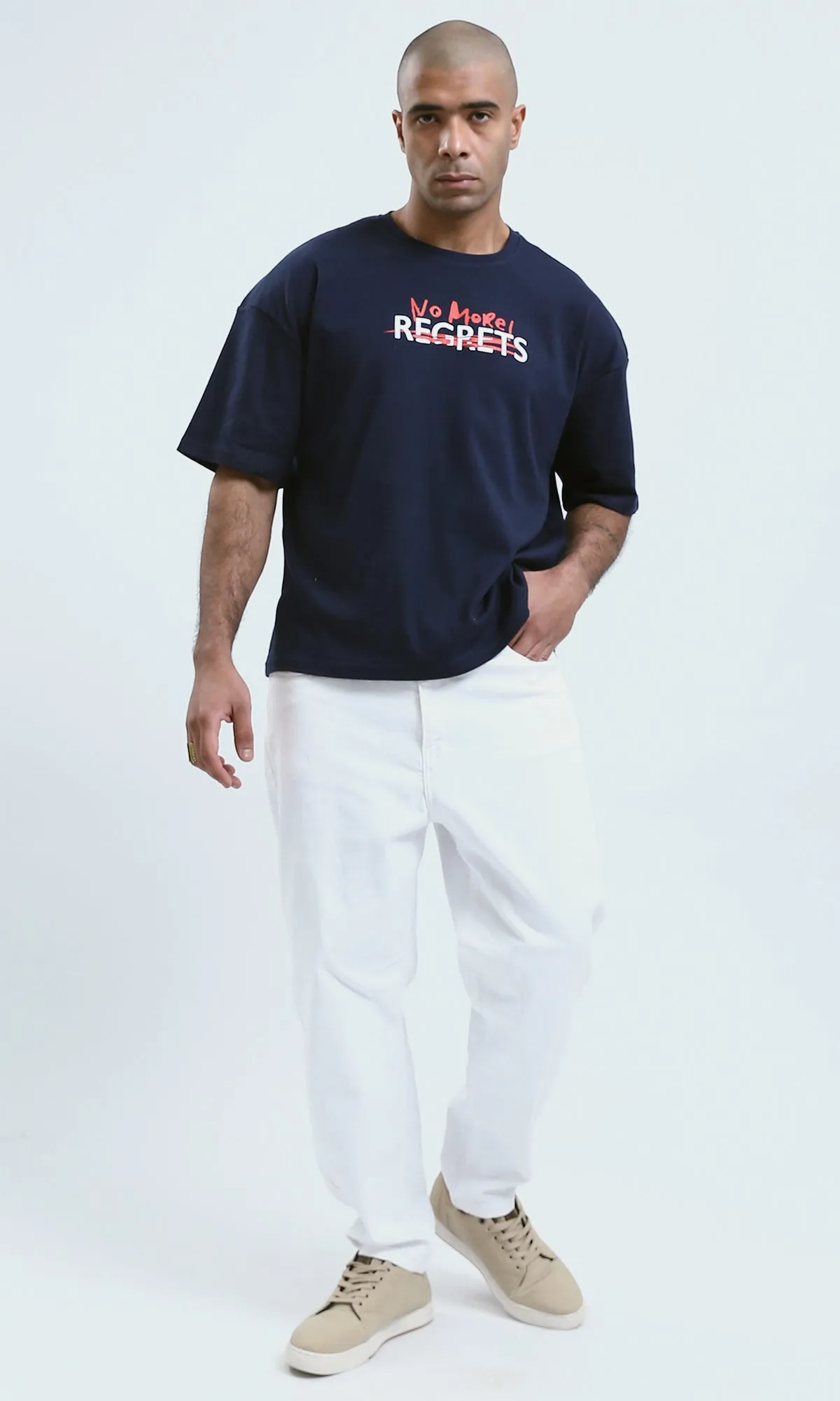 o190189 - Navy Front Print Cotton Casual Tee With Elbow Sleeves