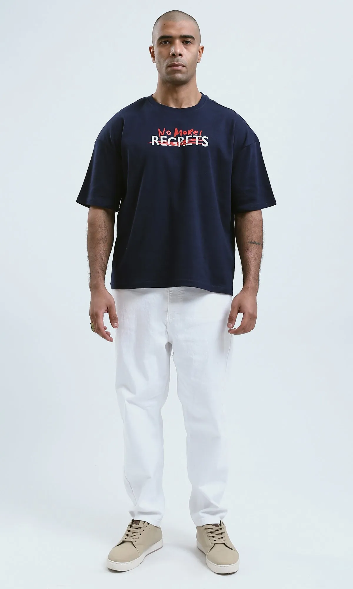 o190189 - Navy Front Print Cotton Casual Tee With Elbow Sleeves