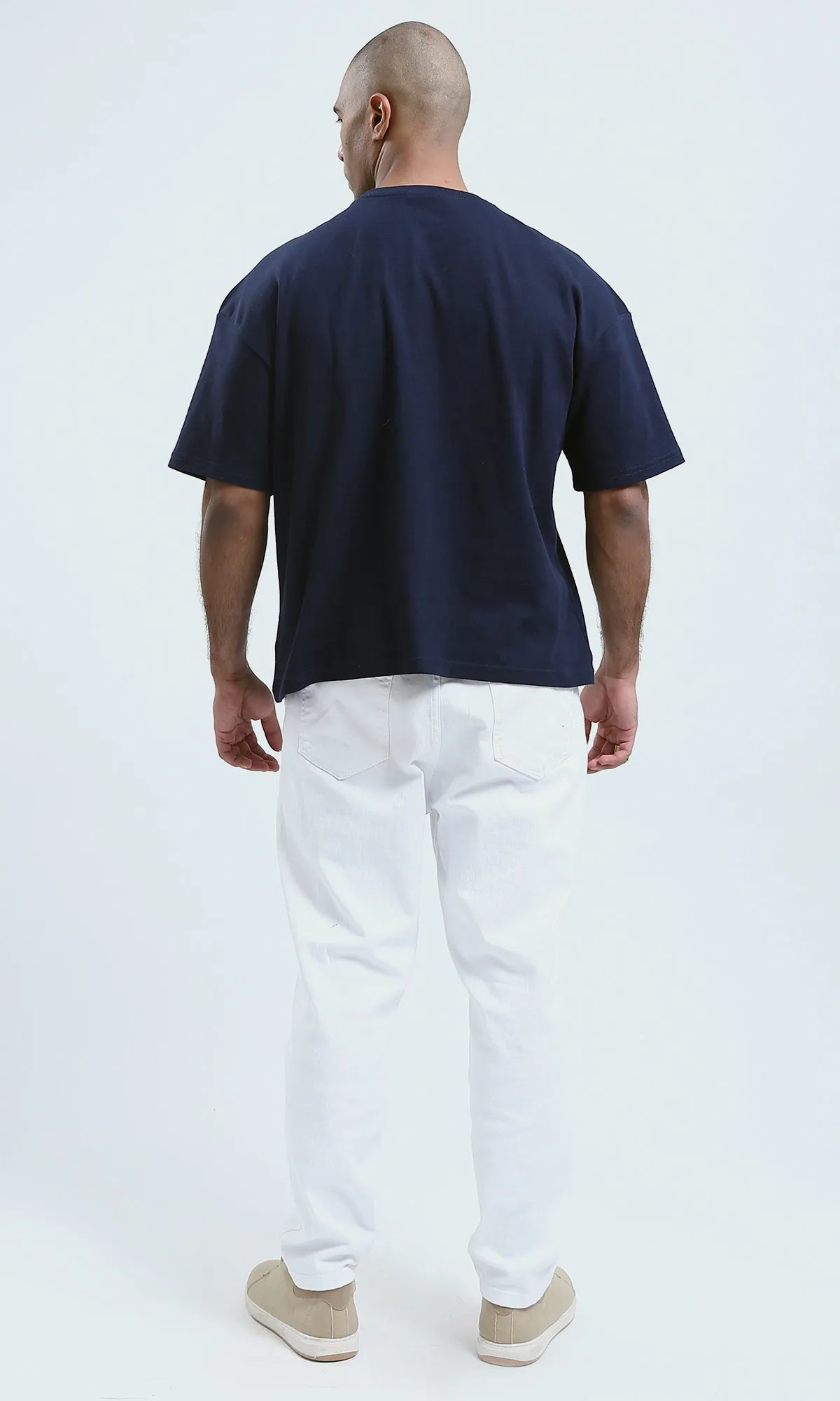 o190189 - Navy Front Print Cotton Casual Tee With Elbow Sleeves