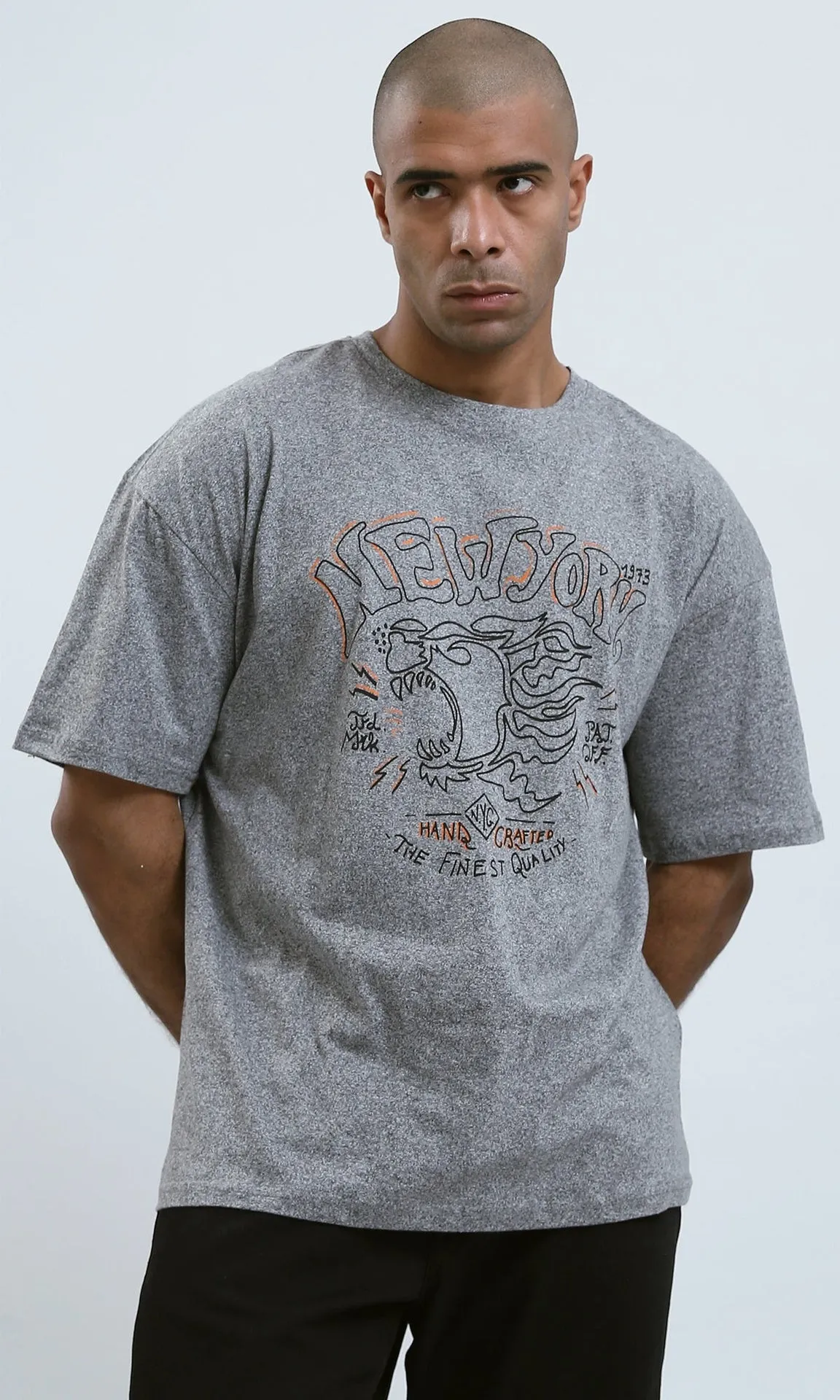 o190743 - Fashionable Heather Light Grey Tee with Stitched Details