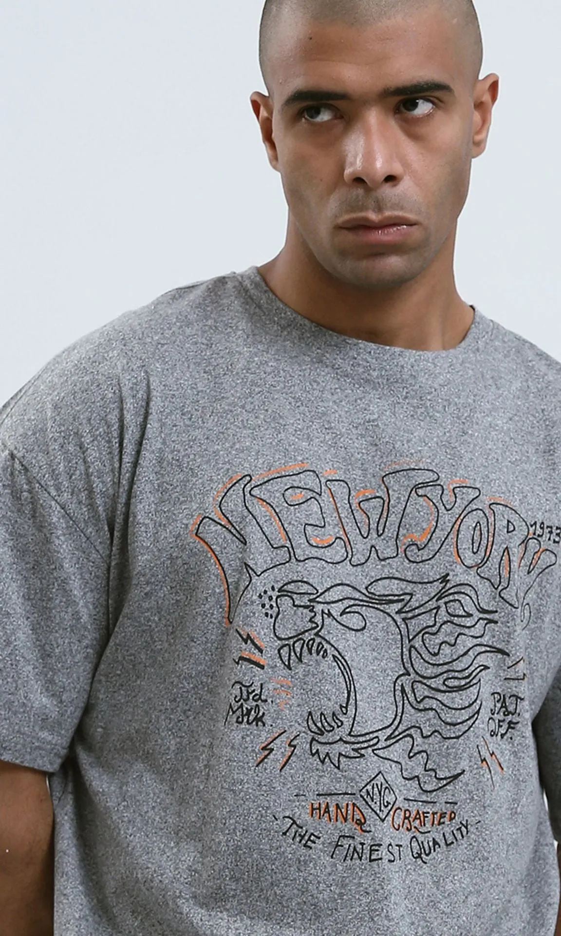 o190743 - Fashionable Heather Light Grey Tee with Stitched Details