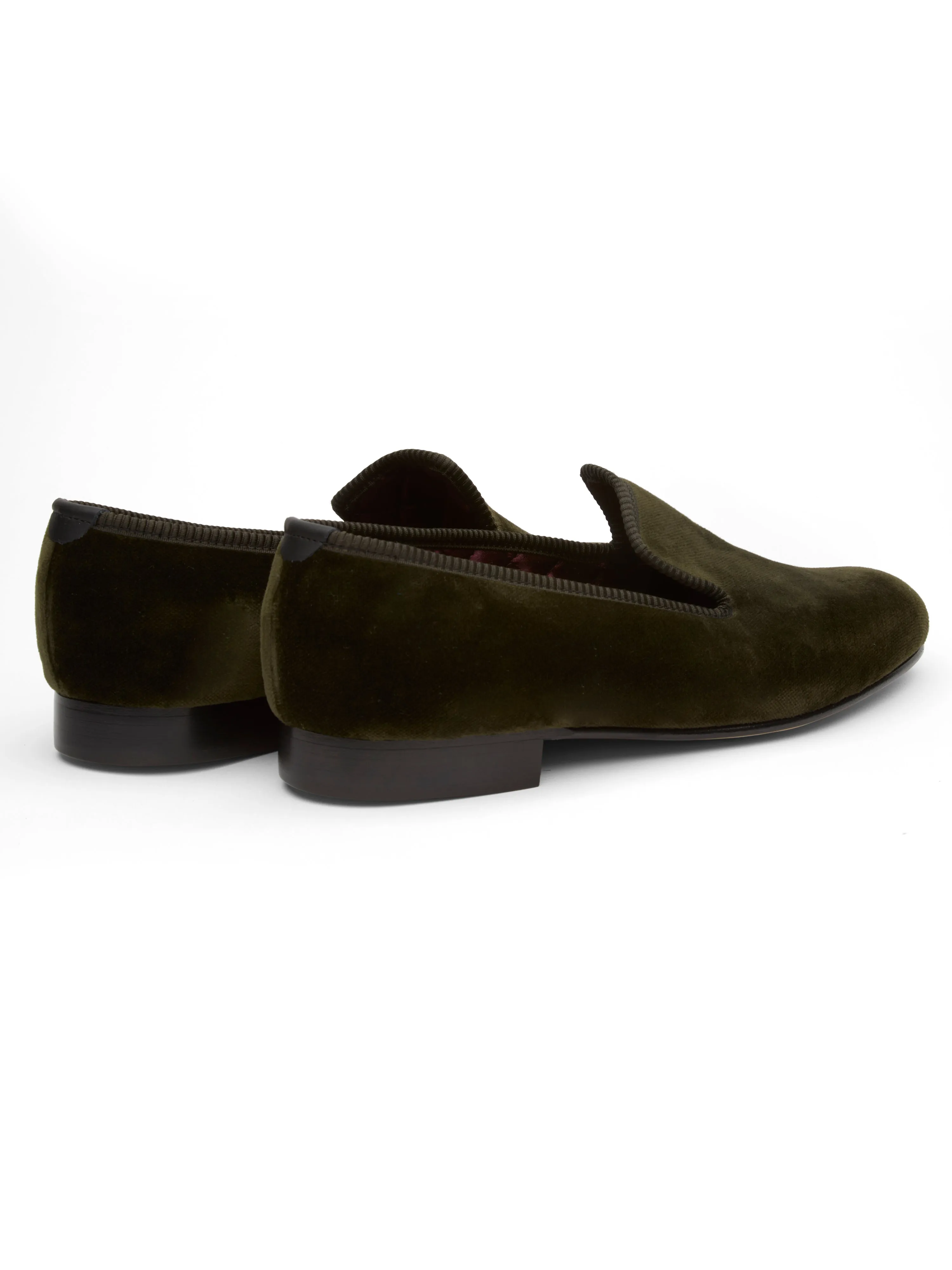 Olive Velvet Cotton & Leather Slippers