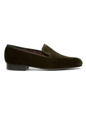 Olive Velvet Cotton & Leather Slippers
