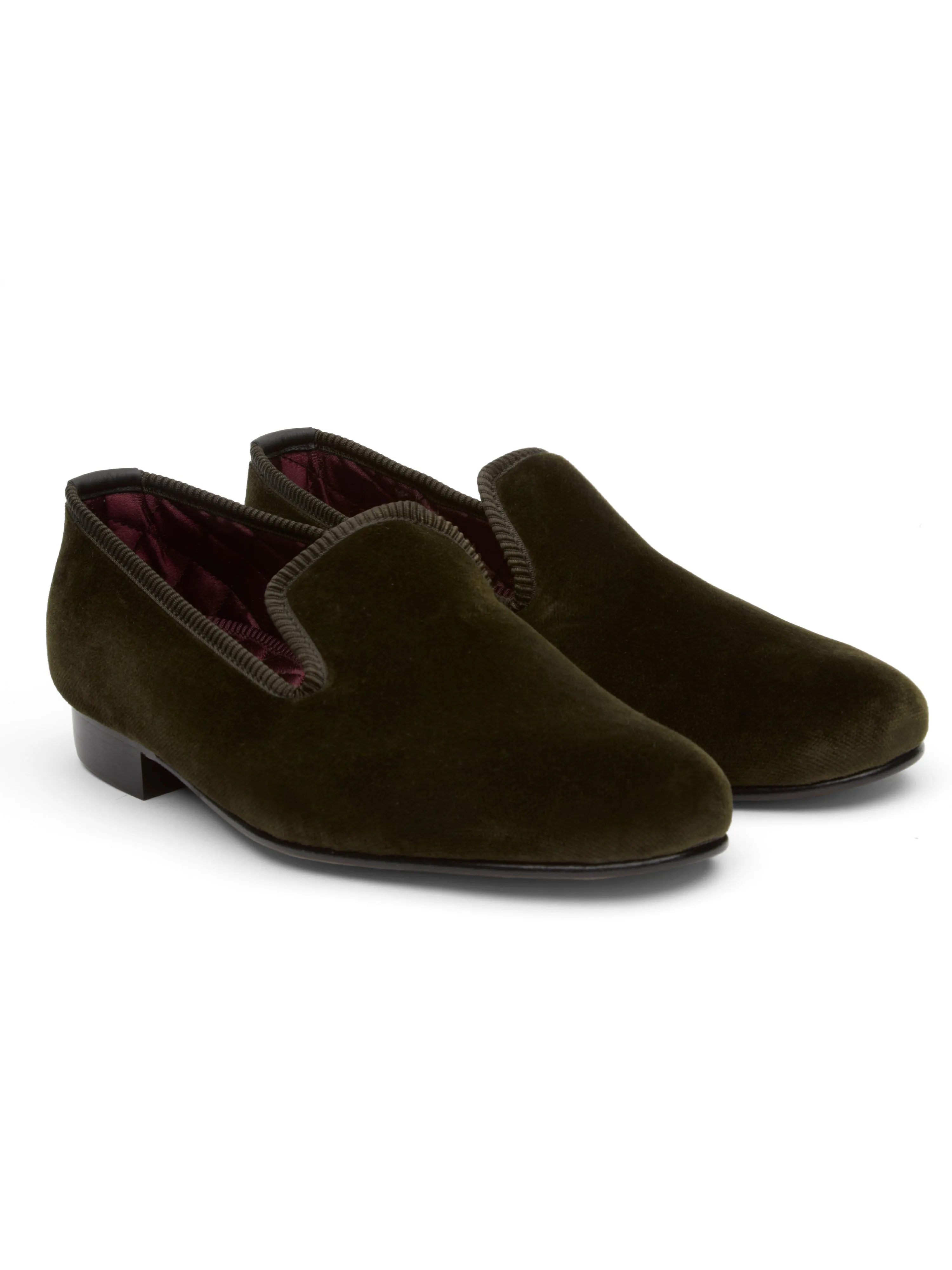 Olive Velvet Cotton & Leather Slippers