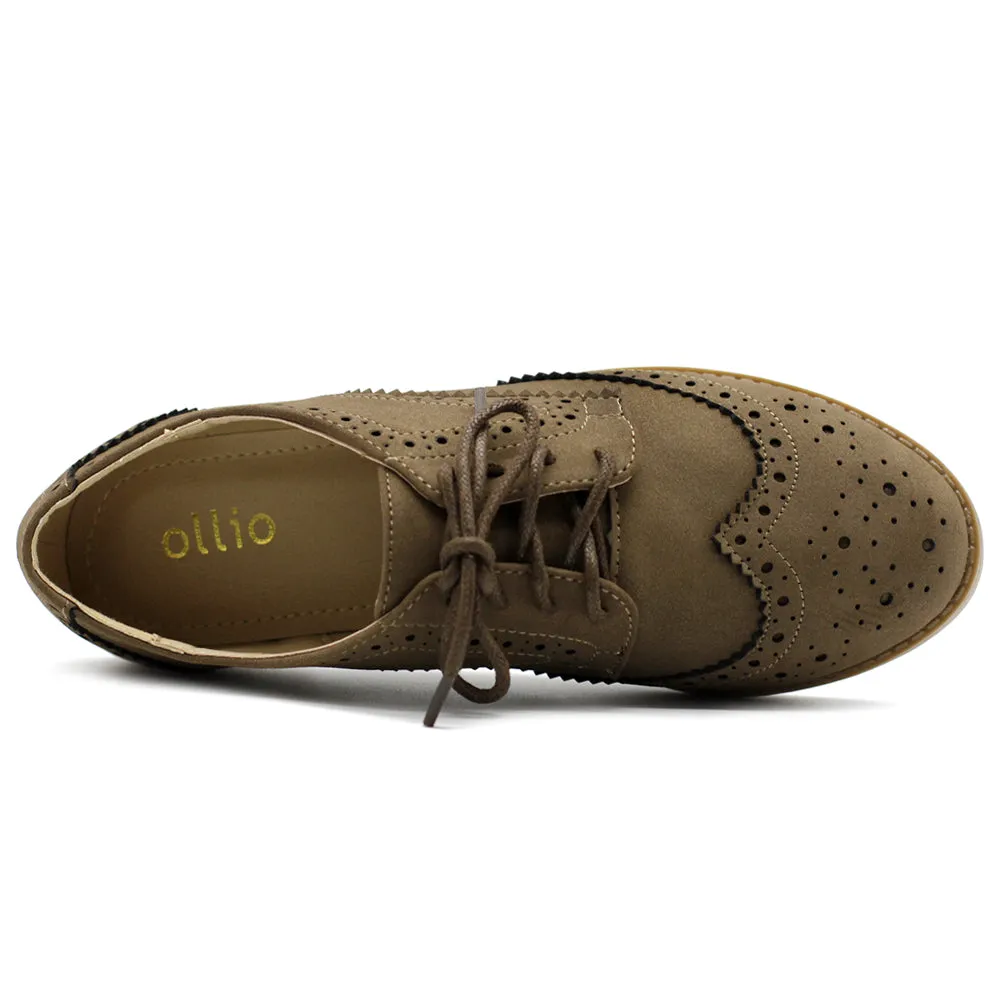 Ollio Women's Flat Shoe Wingtip Lace Up Faux Nubuck Oxford