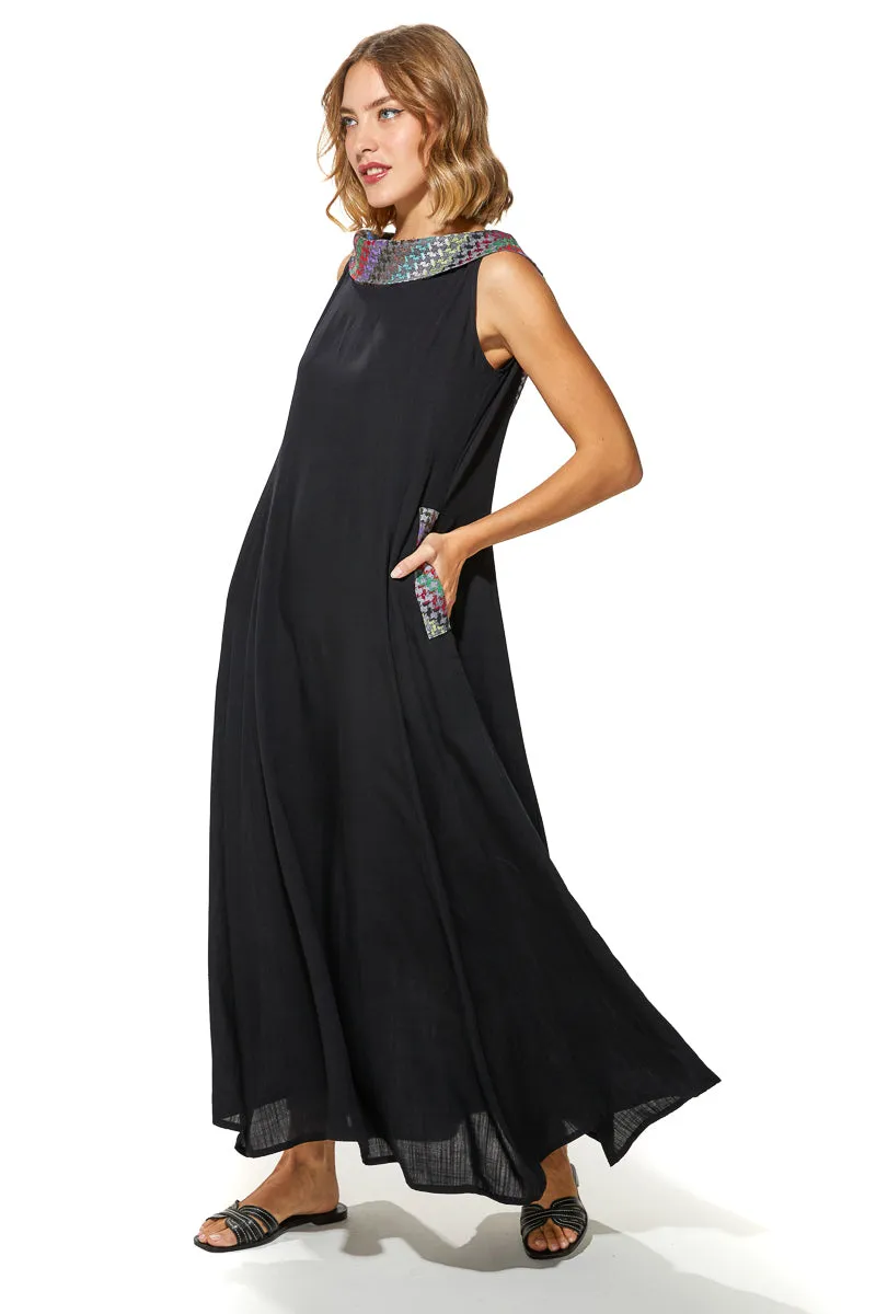 Shoug A-Line Textured Linen Dress With Back V-Layer Neckline