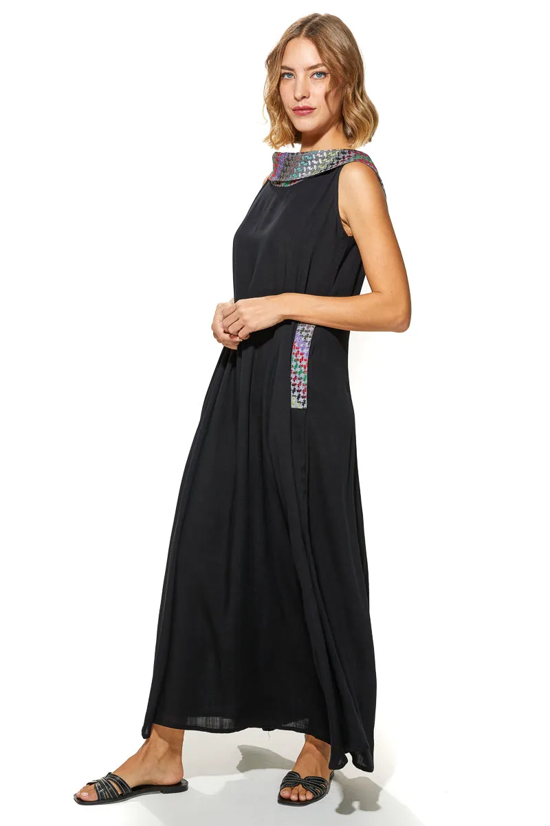 Shoug A-Line Textured Linen Dress With Back V-Layer Neckline