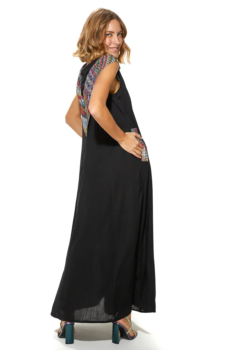 Shoug A-Line Textured Linen Dress With Back V-Layer Neckline