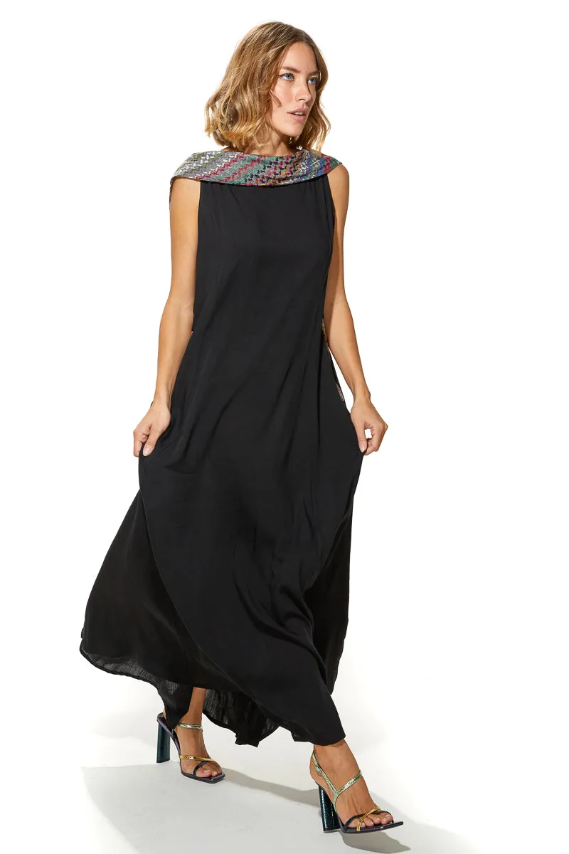 Shoug A-Line Textured Linen Dress With Back V-Layer Neckline