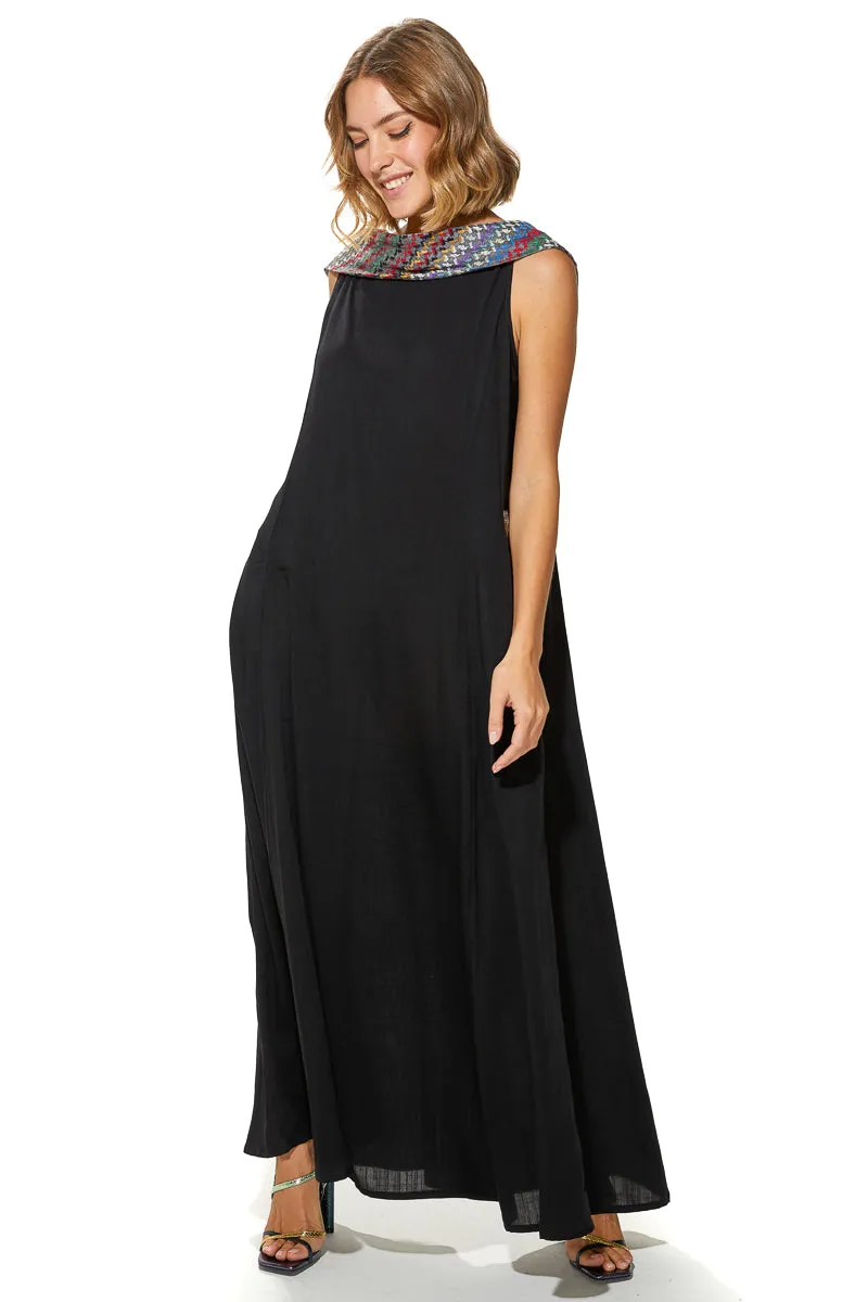 Shoug A-Line Textured Linen Dress With Back V-Layer Neckline