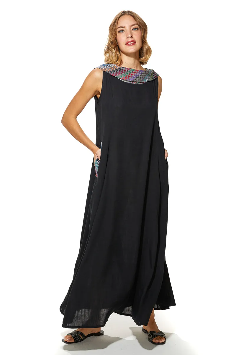 Shoug A-Line Textured Linen Dress With Back V-Layer Neckline