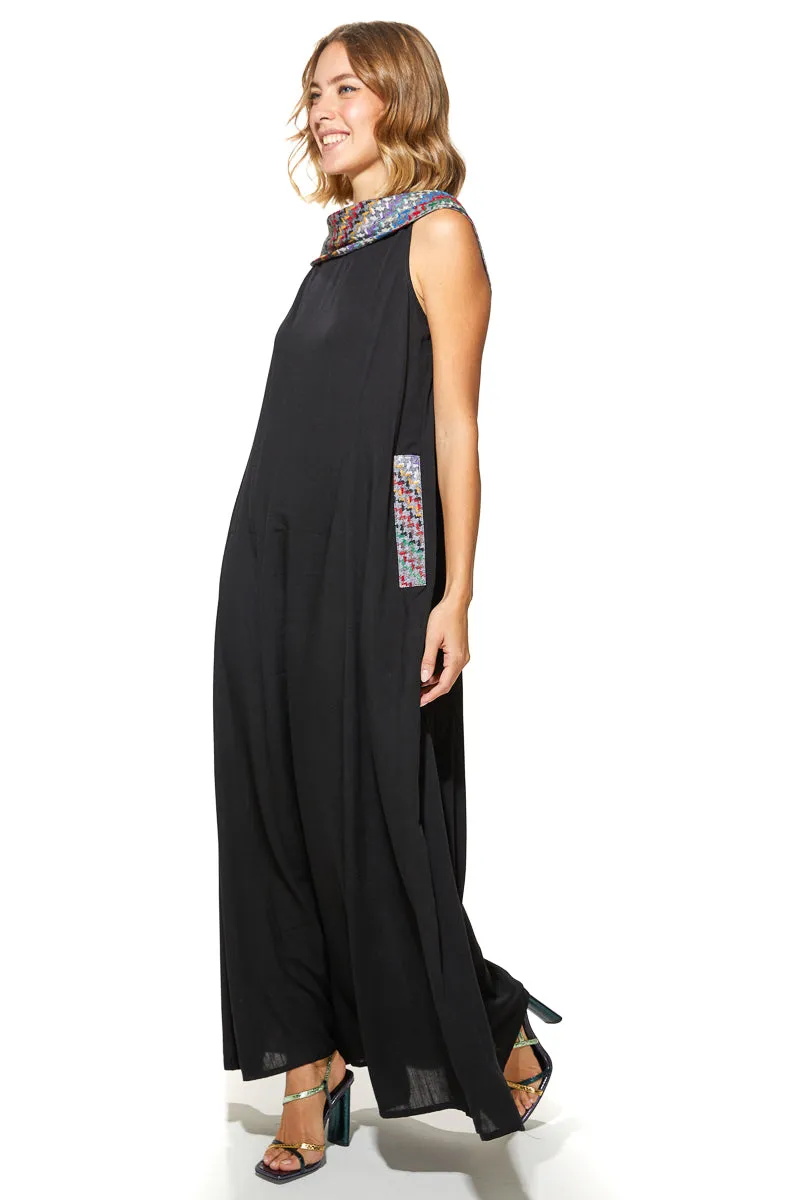 Shoug A-Line Textured Linen Dress With Back V-Layer Neckline