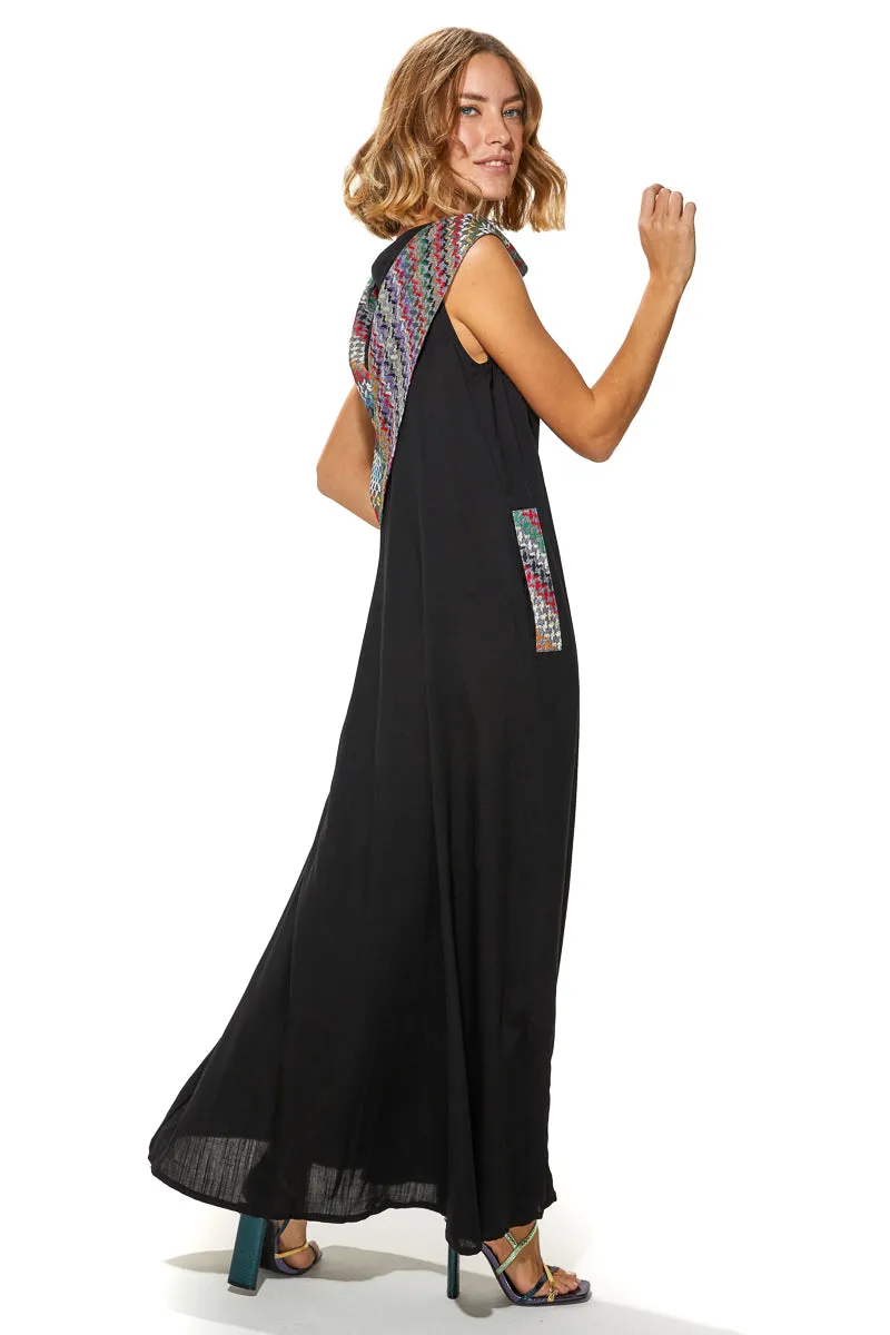 Shoug A-Line Textured Linen Dress With Back V-Layer Neckline