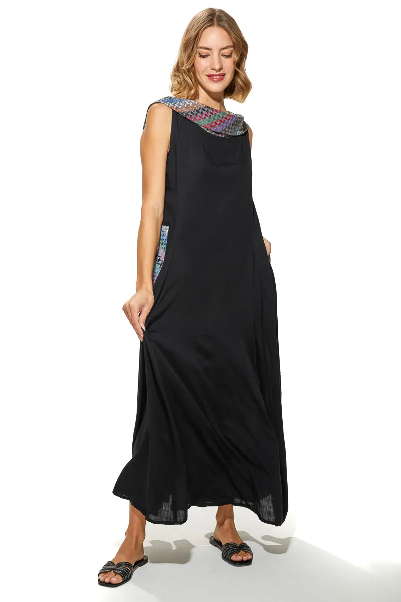 Shoug A-Line Textured Linen Dress With Back V-Layer Neckline