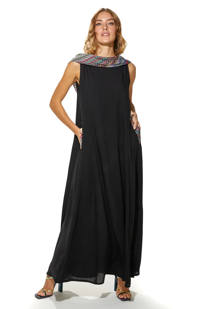 Shoug A-Line Textured Linen Dress With Back V-Layer Neckline