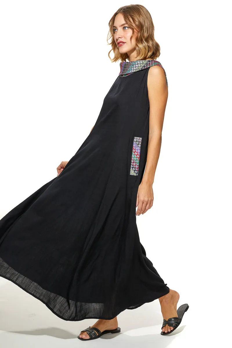 Shoug A-Line Textured Linen Dress With Back V-Layer Neckline