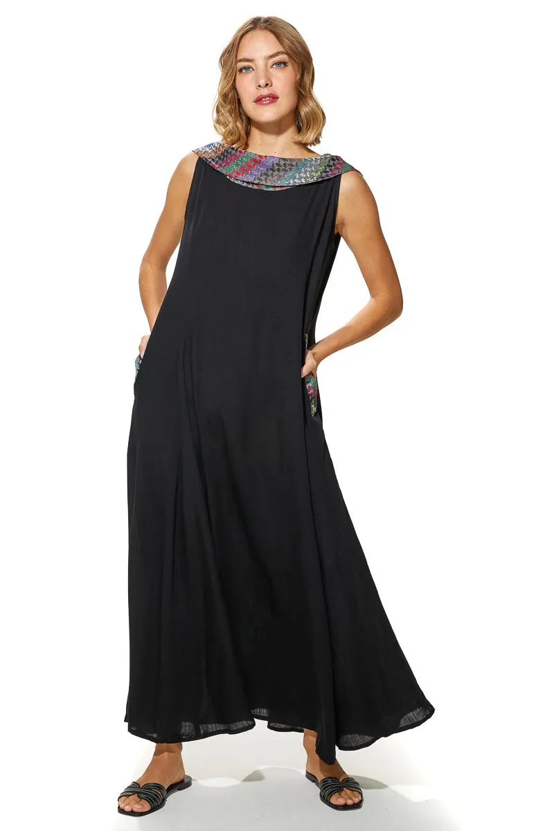 Shoug A-Line Textured Linen Dress With Back V-Layer Neckline