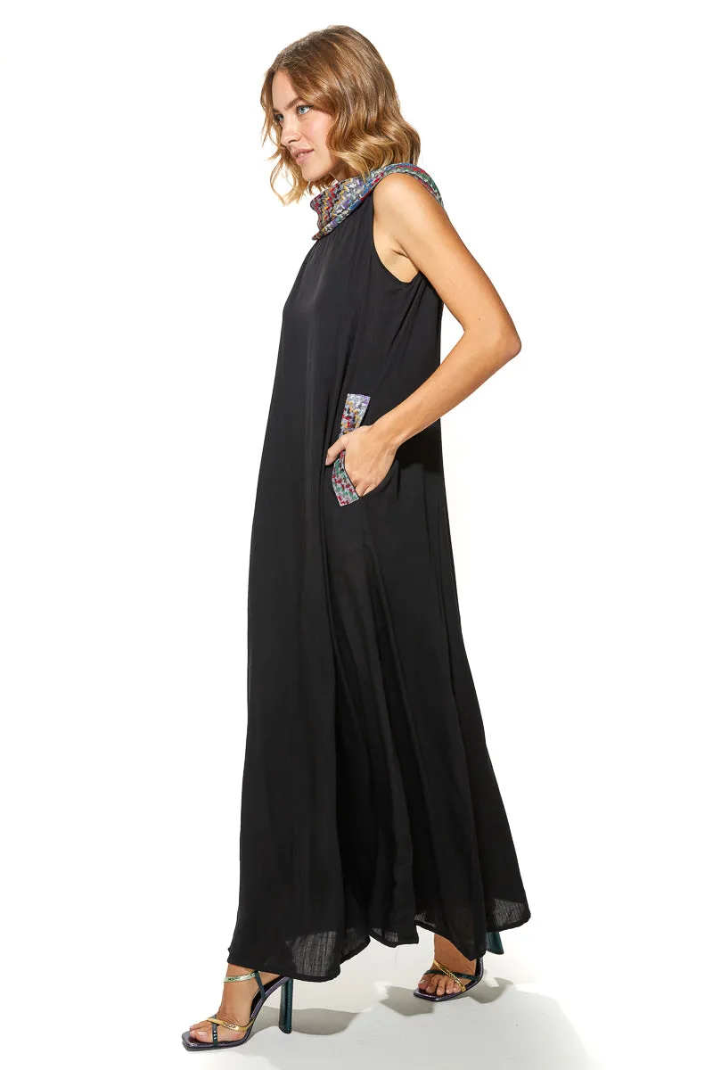 Shoug A-Line Textured Linen Dress With Back V-Layer Neckline