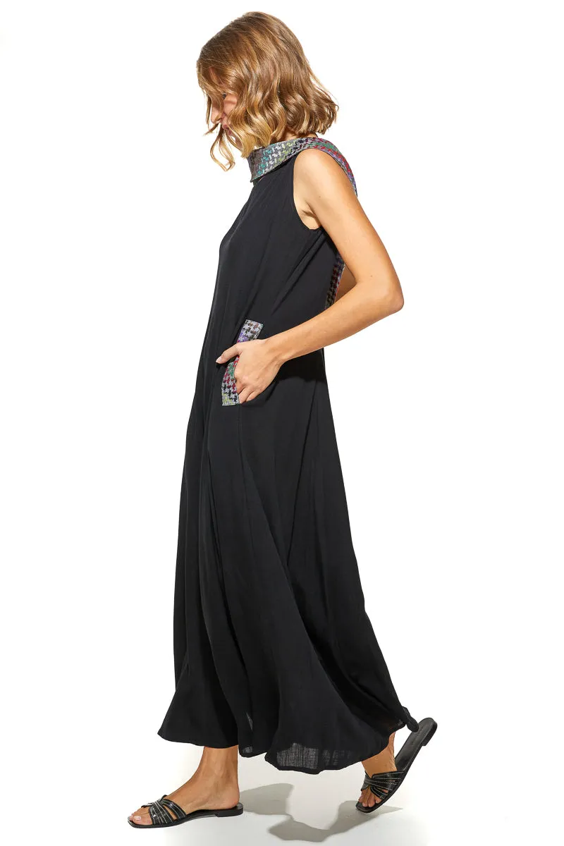 Shoug A-Line Textured Linen Dress With Back V-Layer Neckline