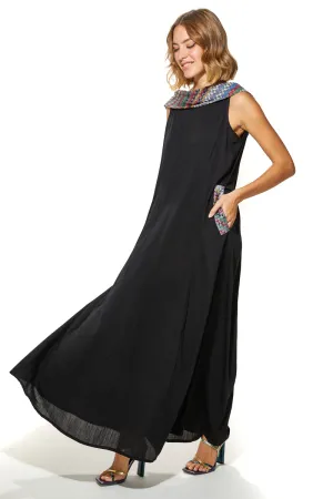 Shoug A-Line Textured Linen Dress With Back V-Layer Neckline