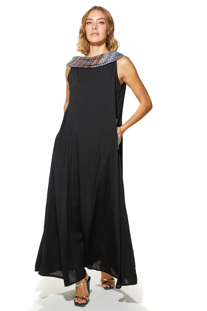 Shoug A-Line Textured Linen Dress With Back V-Layer Neckline
