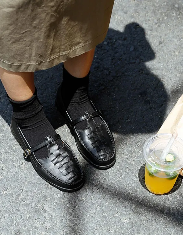 Soft Leather Woven T-strap Buckle Mary Jane Shoes