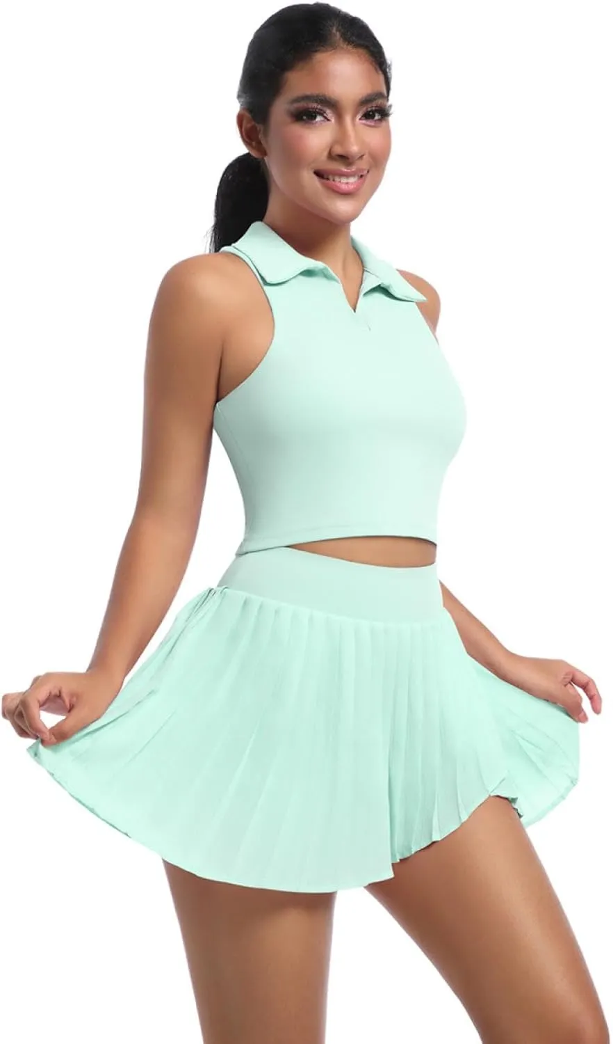 Solid color lapel vest breathable fake two-piece pleated skirt suit sports running fitness yoga wear