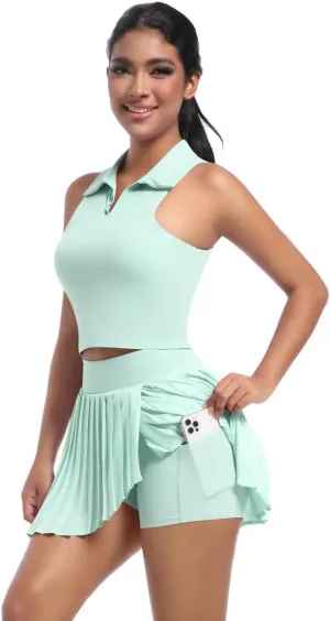 Solid color lapel vest breathable fake two-piece pleated skirt suit sports running fitness yoga wear