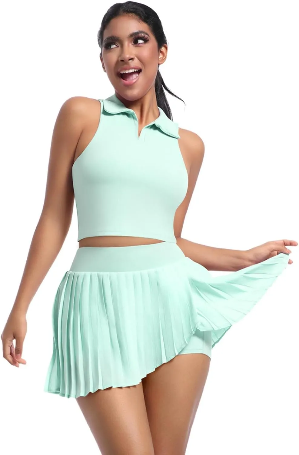Solid color lapel vest breathable fake two-piece pleated skirt suit sports running fitness yoga wear